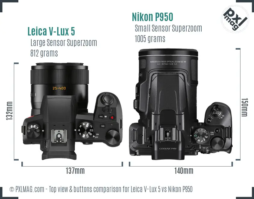 Leica V-Lux 5 vs Nikon P950 top view buttons comparison