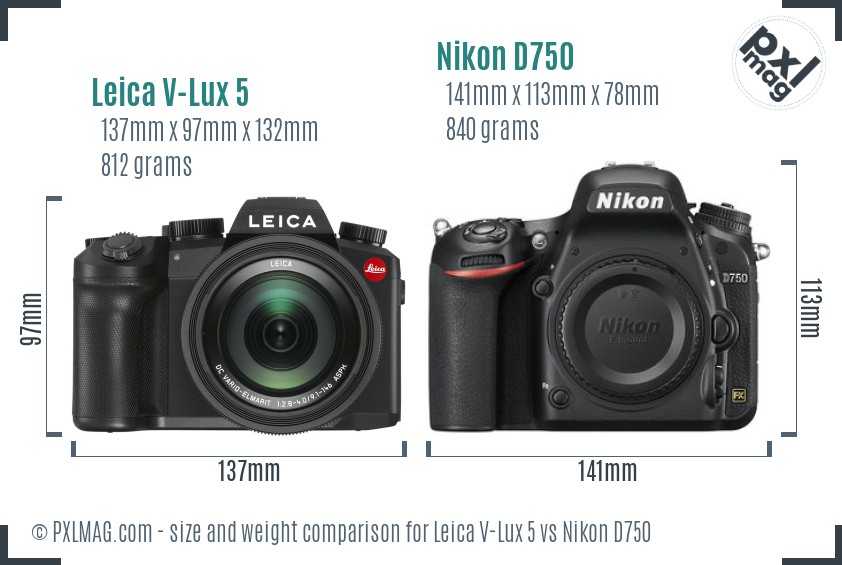 Leica V-Lux 5 vs Nikon D750 size comparison