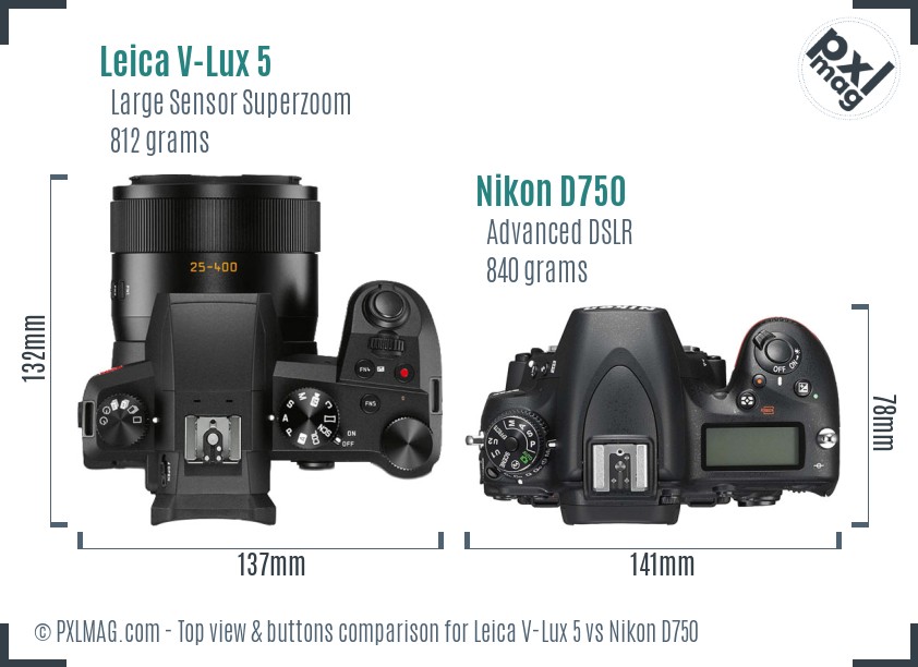 Leica V-Lux 5 vs Nikon D750 top view buttons comparison