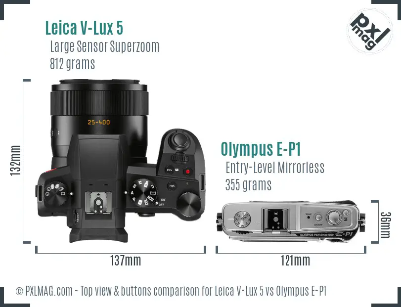 Leica V-Lux 5 vs Olympus E-P1 top view buttons comparison