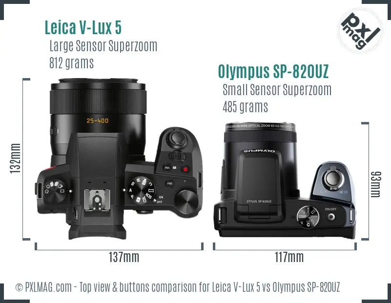 Leica V-Lux 5 vs Olympus SP-820UZ top view buttons comparison