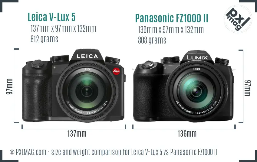 Leica V-Lux 5 vs Panasonic FZ1000 II size comparison