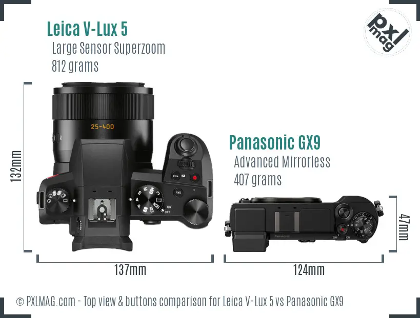 Leica V-Lux 5 vs Panasonic GX9 top view buttons comparison
