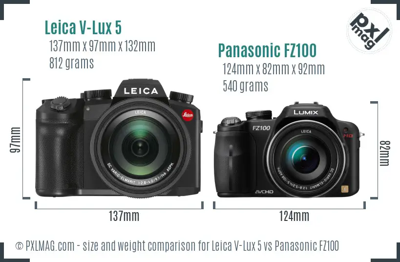 Leica V-Lux 5 vs Panasonic FZ100 size comparison