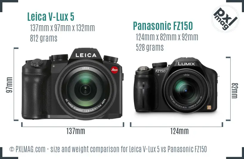 Leica V-Lux 5 vs Panasonic FZ150 size comparison
