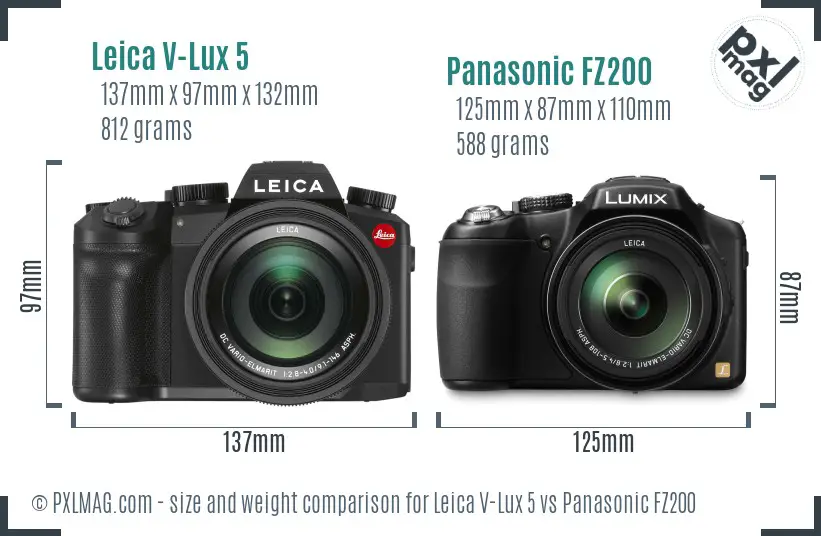 Leica V-Lux 5 vs Panasonic FZ200 size comparison