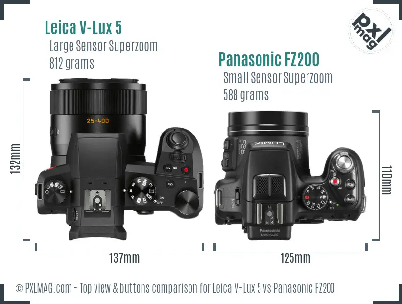 Leica V-Lux 5 vs Panasonic FZ200 top view buttons comparison