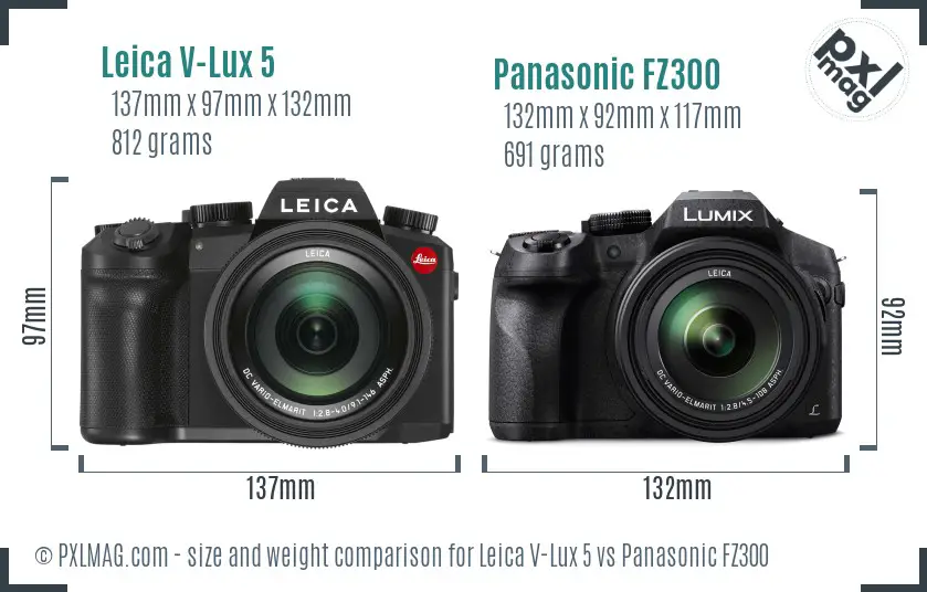 Leica V-Lux 5 vs Panasonic FZ300 size comparison