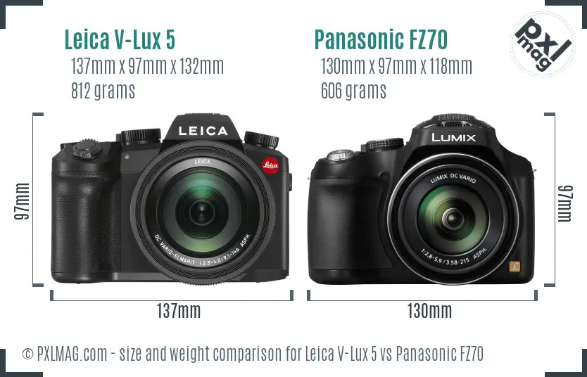 Leica V-Lux 5 vs Panasonic FZ70 size comparison