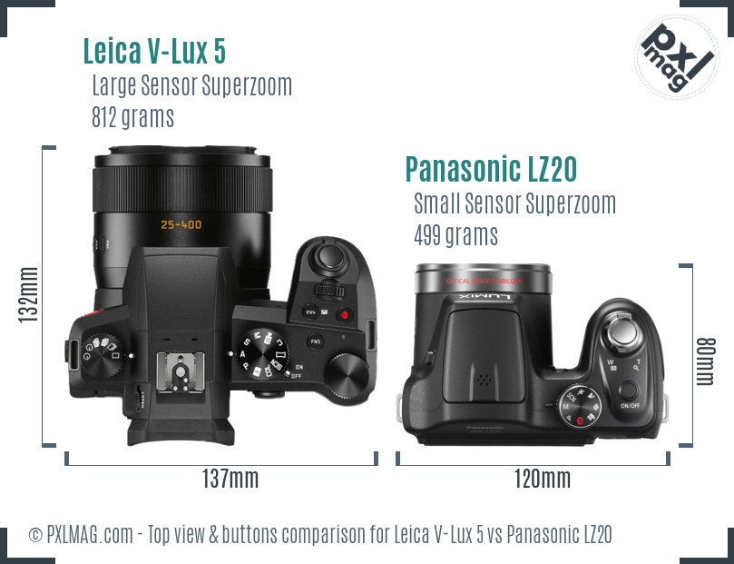 Leica V-Lux 5 vs Panasonic LZ20 top view buttons comparison