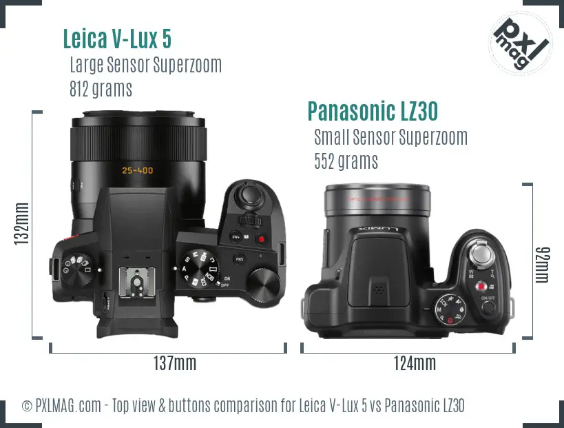 Leica V-Lux 5 vs Panasonic LZ30 top view buttons comparison