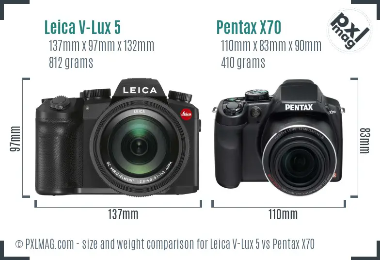 Leica V-Lux 5 vs Pentax X70 size comparison