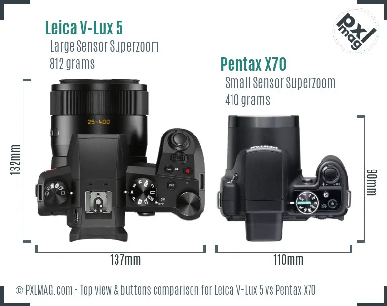 Leica V-Lux 5 vs Pentax X70 top view buttons comparison