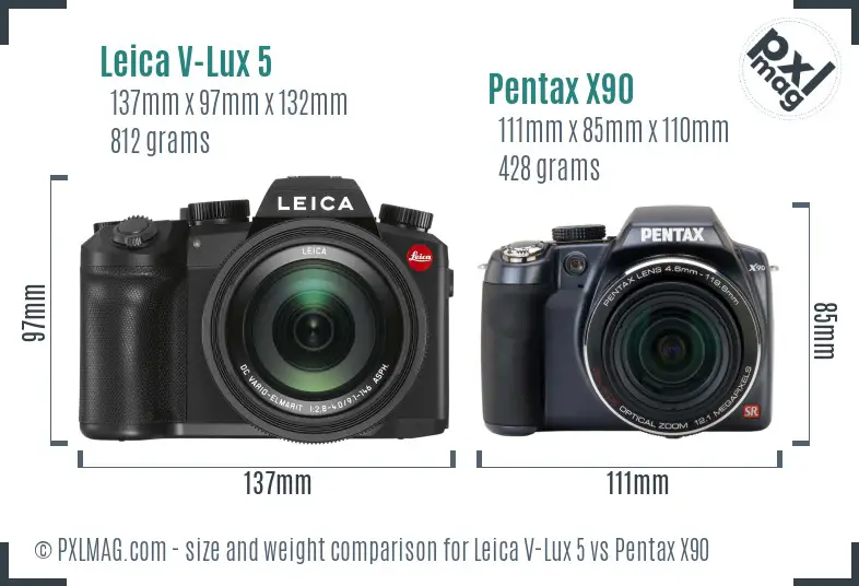 Leica V-Lux 5 vs Pentax X90 size comparison