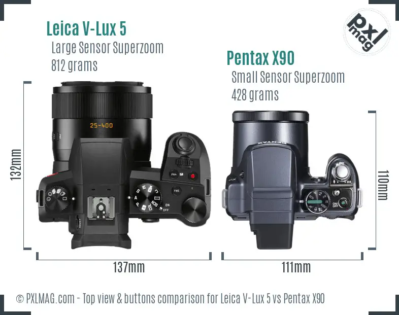 Leica V-Lux 5 vs Pentax X90 top view buttons comparison