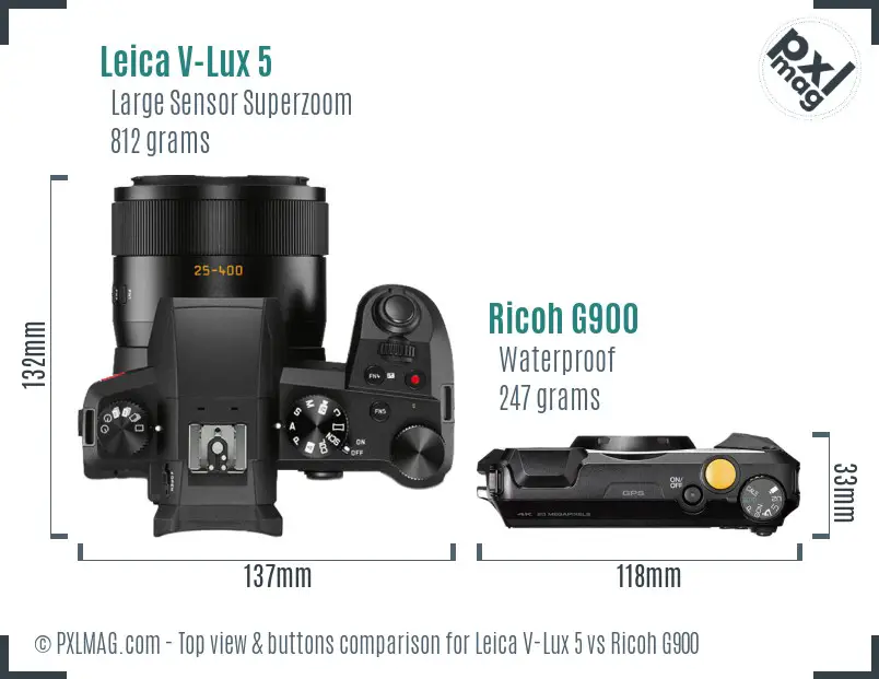 Leica V-Lux 5 vs Ricoh G900 top view buttons comparison