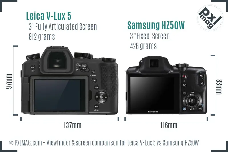 Leica V-Lux 5 vs Samsung HZ50W Screen and Viewfinder comparison