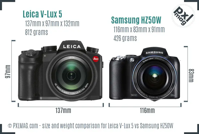 Leica V-Lux 5 vs Samsung HZ50W size comparison