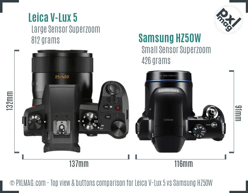 Leica V-Lux 5 vs Samsung HZ50W top view buttons comparison