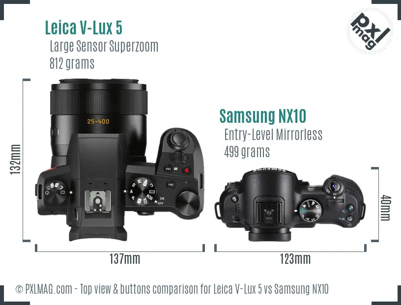 Leica V-Lux 5 vs Samsung NX10 top view buttons comparison