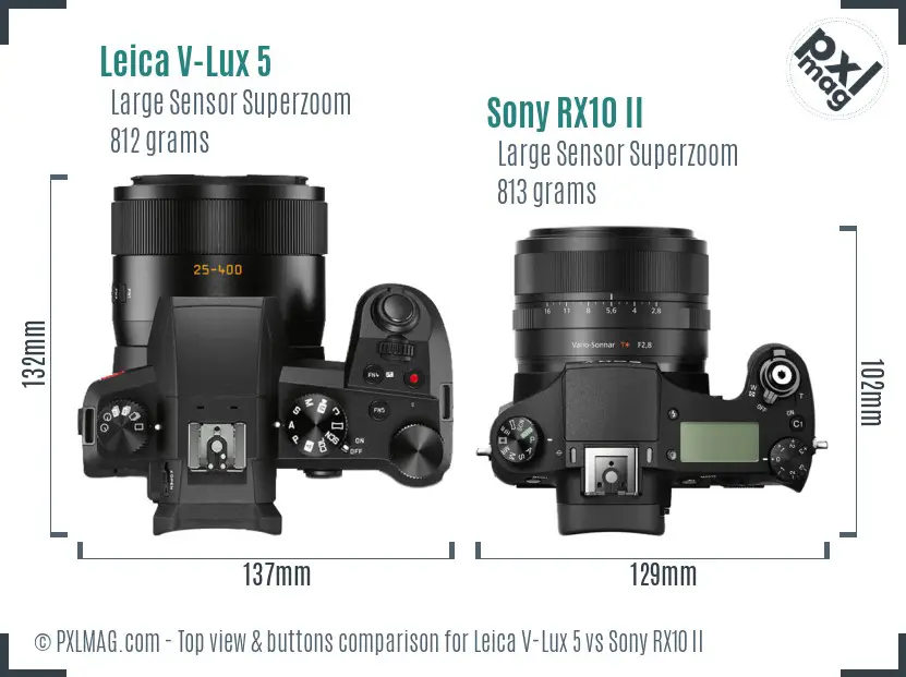 Leica V-Lux 5 vs Sony RX10 II top view buttons comparison