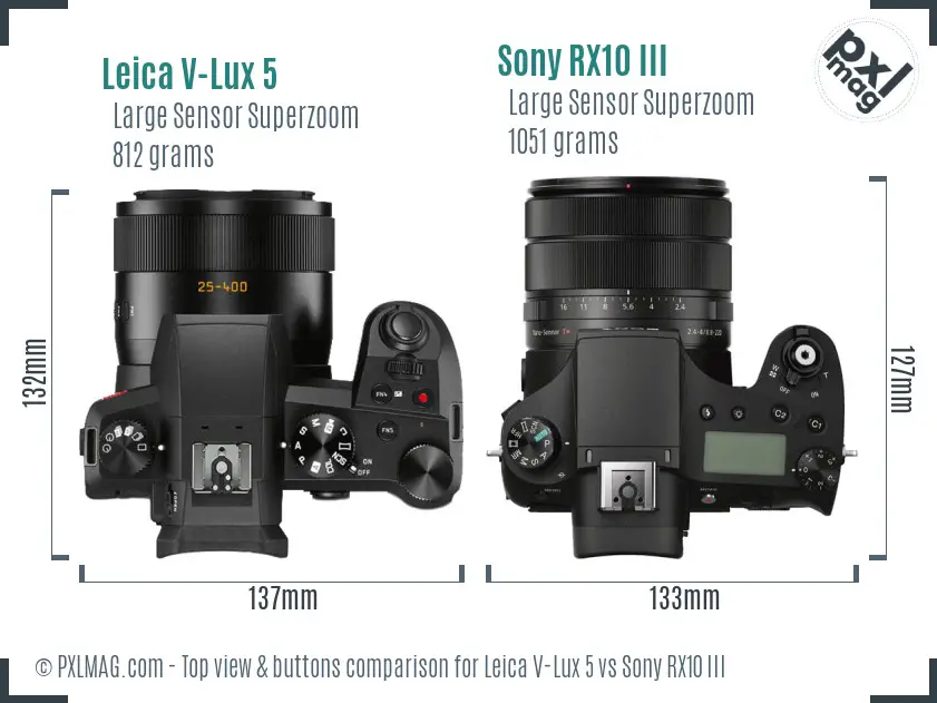 Leica V-Lux 5 vs Sony RX10 III top view buttons comparison
