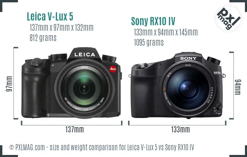 Leica V-Lux 5 vs Sony RX10 IV size comparison