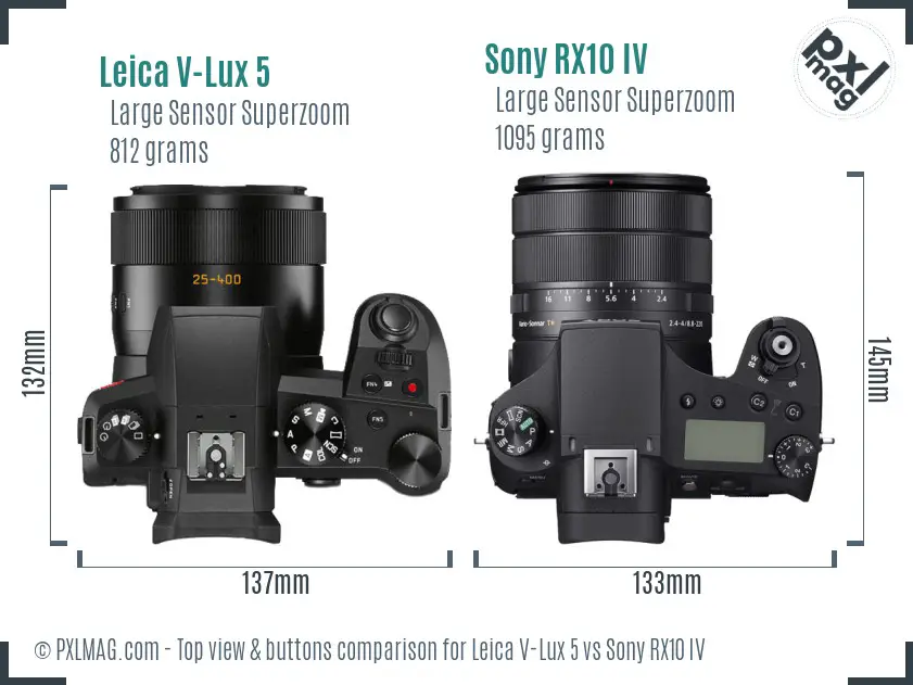 Leica V-Lux 5 vs Sony RX10 IV top view buttons comparison