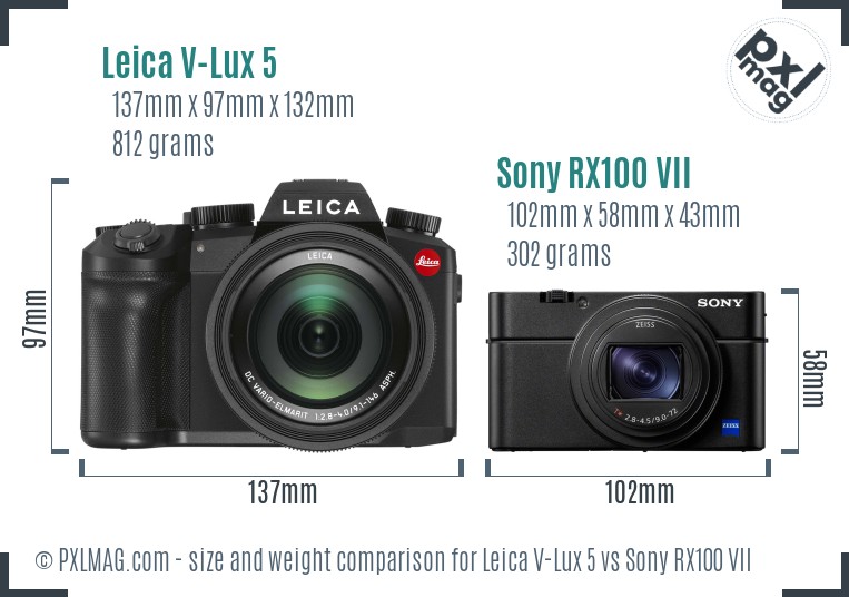 Leica V-Lux 5 vs Sony RX100 VII size comparison
