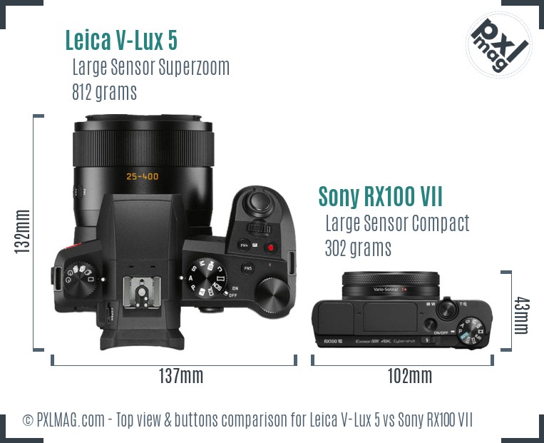 Leica V-Lux 5 vs Sony RX100 VII top view buttons comparison