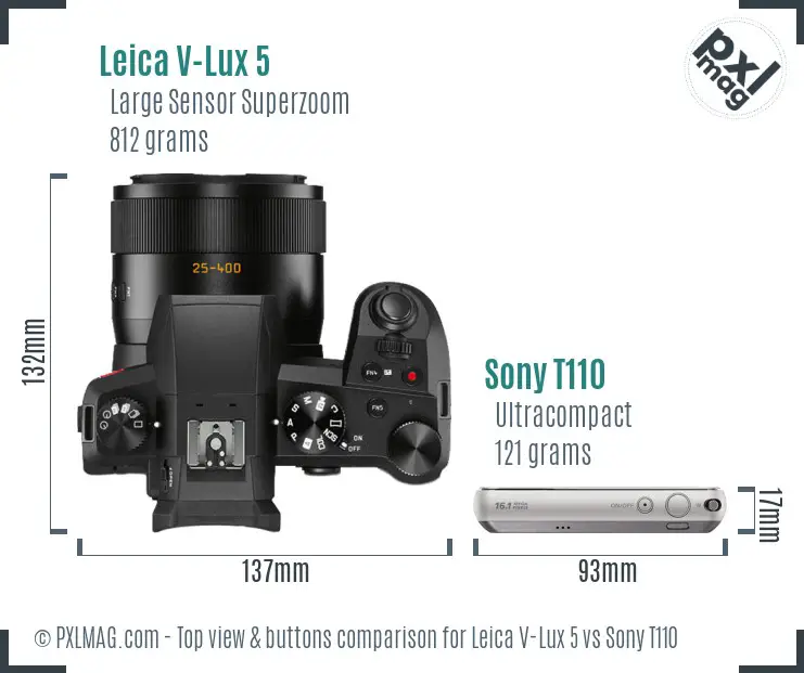 Leica V-Lux 5 vs Sony T110 top view buttons comparison