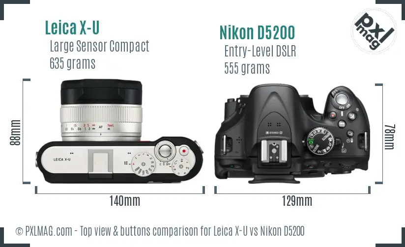 Leica X-U vs Nikon D5200 top view buttons comparison