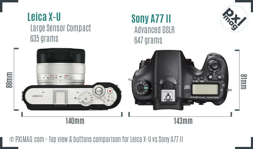 Leica X-U vs Sony A77 II top view buttons comparison