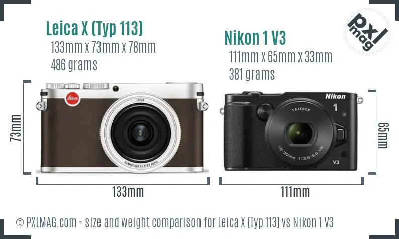 Leica X (Typ 113) vs Nikon 1 V3 size comparison