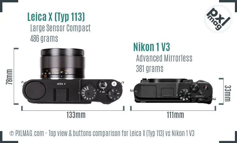 Leica X (Typ 113) vs Nikon 1 V3 top view buttons comparison
