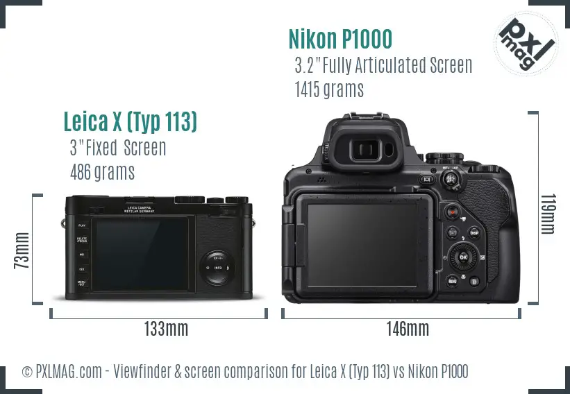 Leica X (Typ 113) vs Nikon P1000 Screen and Viewfinder comparison
