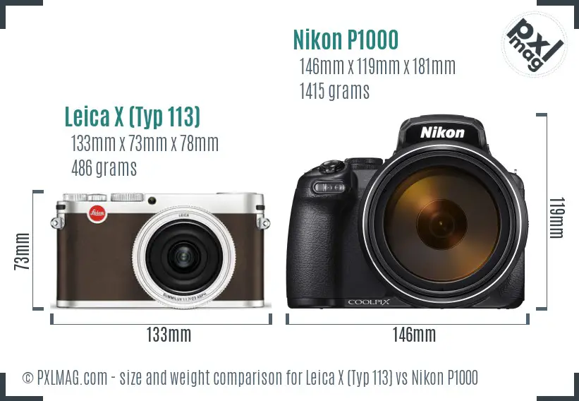 Leica X (Typ 113) vs Nikon P1000 size comparison