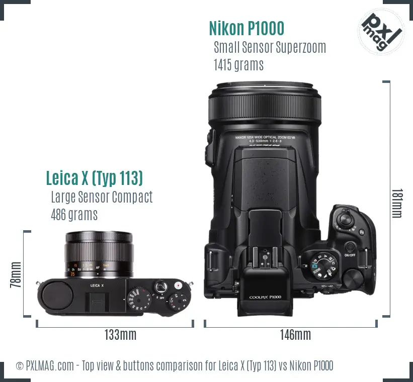 Leica X (Typ 113) vs Nikon P1000 top view buttons comparison