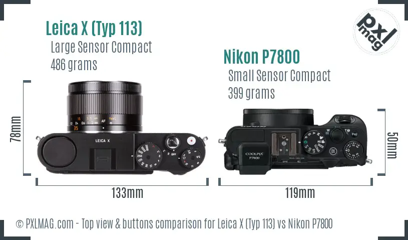 Leica X (Typ 113) vs Nikon P7800 top view buttons comparison