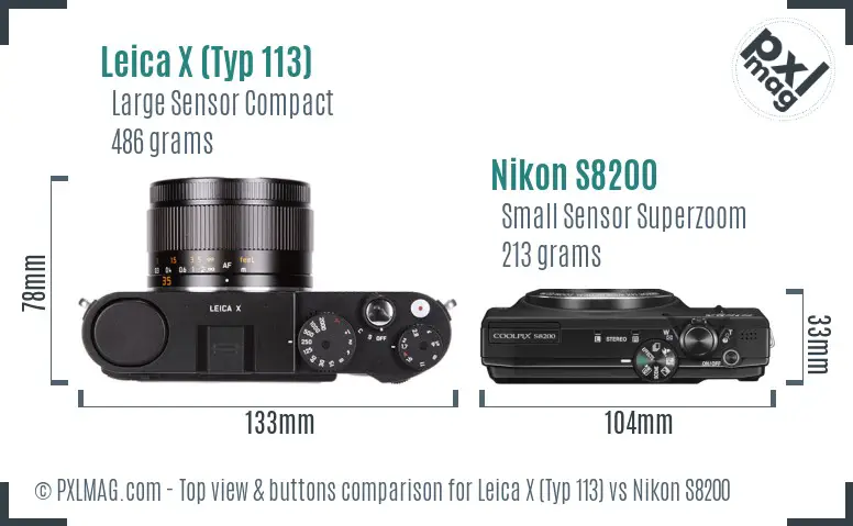 Leica X (Typ 113) vs Nikon S8200 top view buttons comparison