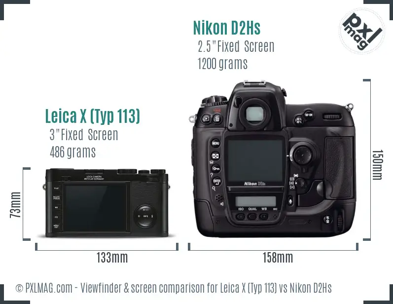 Leica X (Typ 113) vs Nikon D2Hs Screen and Viewfinder comparison