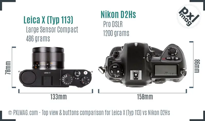 Leica X (Typ 113) vs Nikon D2Hs top view buttons comparison