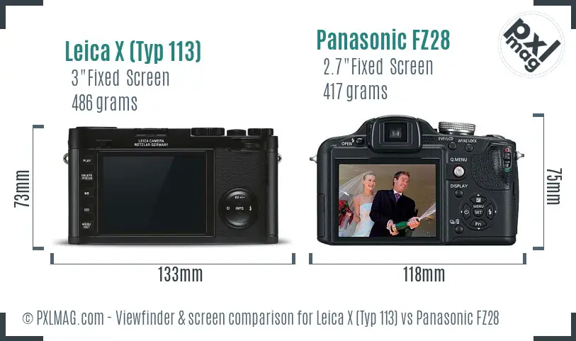 Leica X (Typ 113) vs Panasonic FZ28 Screen and Viewfinder comparison