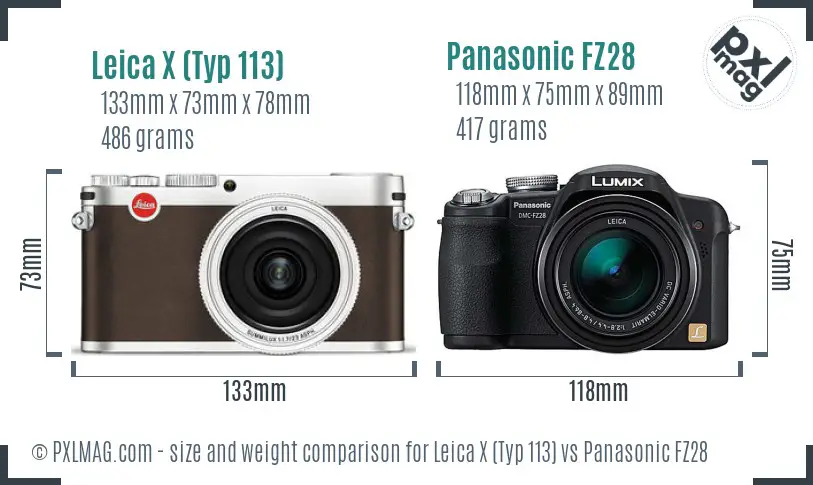 Leica X (Typ 113) vs Panasonic FZ28 size comparison
