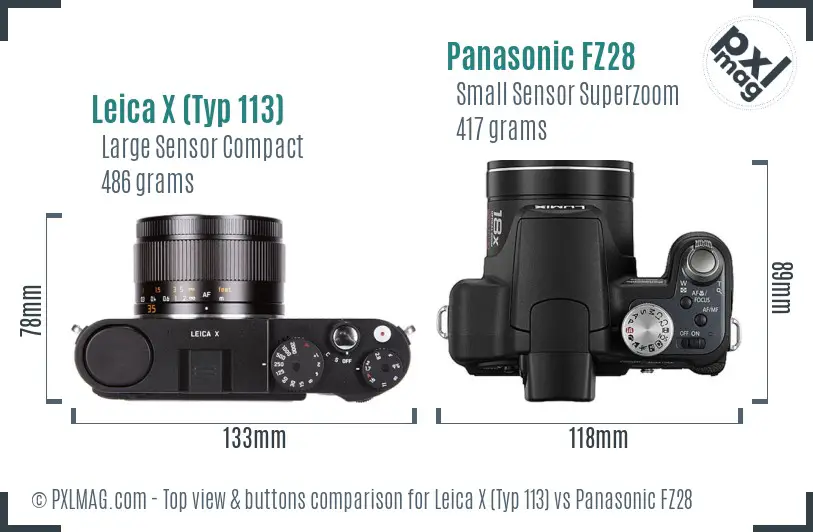 Leica X (Typ 113) vs Panasonic FZ28 top view buttons comparison