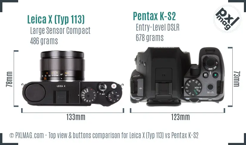 Leica X (Typ 113) vs Pentax K-S2 top view buttons comparison