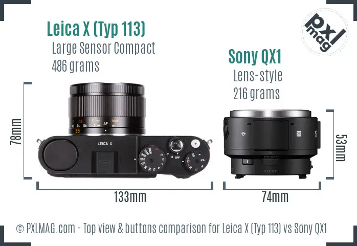 Leica X (Typ 113) vs Sony QX1 top view buttons comparison
