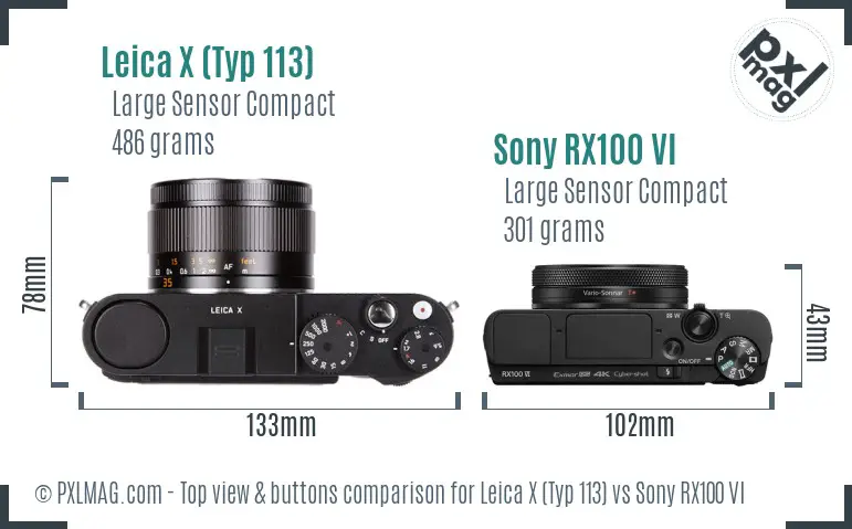 Leica X (Typ 113) vs Sony RX100 VI top view buttons comparison