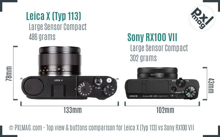 Leica X (Typ 113) vs Sony RX100 VII top view buttons comparison