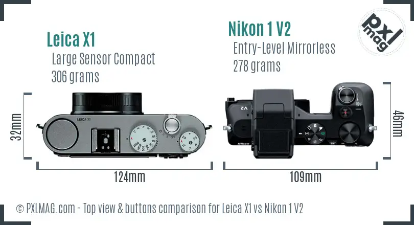 Leica X1 vs Nikon 1 V2 top view buttons comparison
